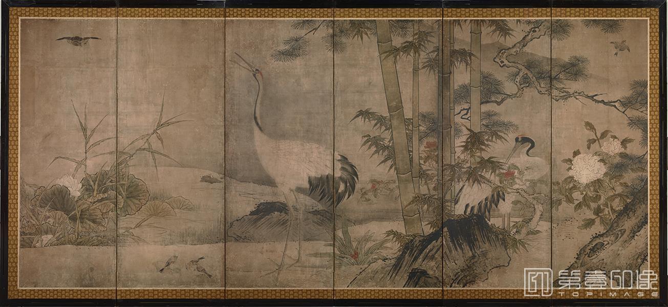 雪舟　一休さん 日本室町时代-雪舟-四季花鸟图屏风纸本(东京)-151×351cm-02-Xue